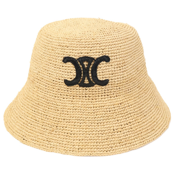 CELINE Accessories - CELINE Triomphe embroidered raffia bucket hat, natural color, for women.